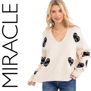 NEW WITH TAGS! Miracle Cream V-Neck Sweater with Black Heart Patterns